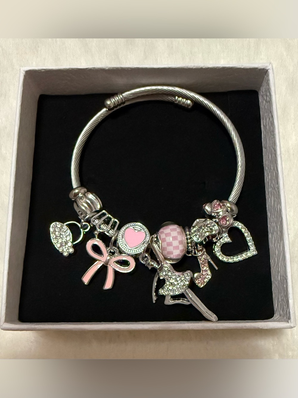 Stainless Steel Charm Bracelet with Pink Accents  Silver-tone